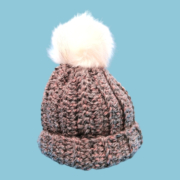 HANDMADE Gray & Pink Ribbed Hand Crocheted Beanie with White Faux Fur Pom Pom - Picture 3 of 8